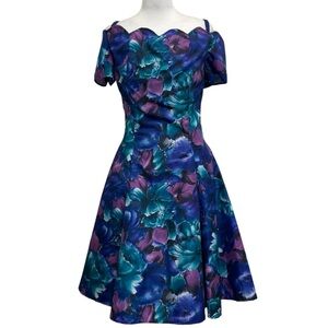 MainFrame Vintage 80s Purple Black Floral Open Shoulder Circle Party Prom Dress